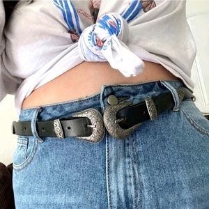 Western plus size double buckle faux leather black boho waist belt